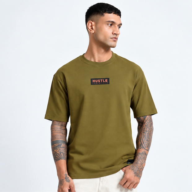 HUSTLE Men's Crew Neck Oversize T-shirt - Khaki Olive