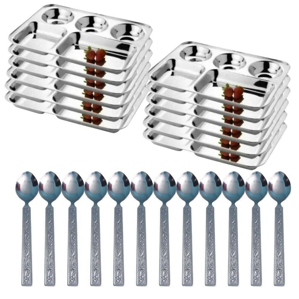 SHINI LIFESTYLE Stainless-Steel Bhojan Thal 5 columns , Super Premium Quality Dinner Plate 12pcs with Spoon 12pcs Combo Pack (Set of 24pcs) - HalfPe