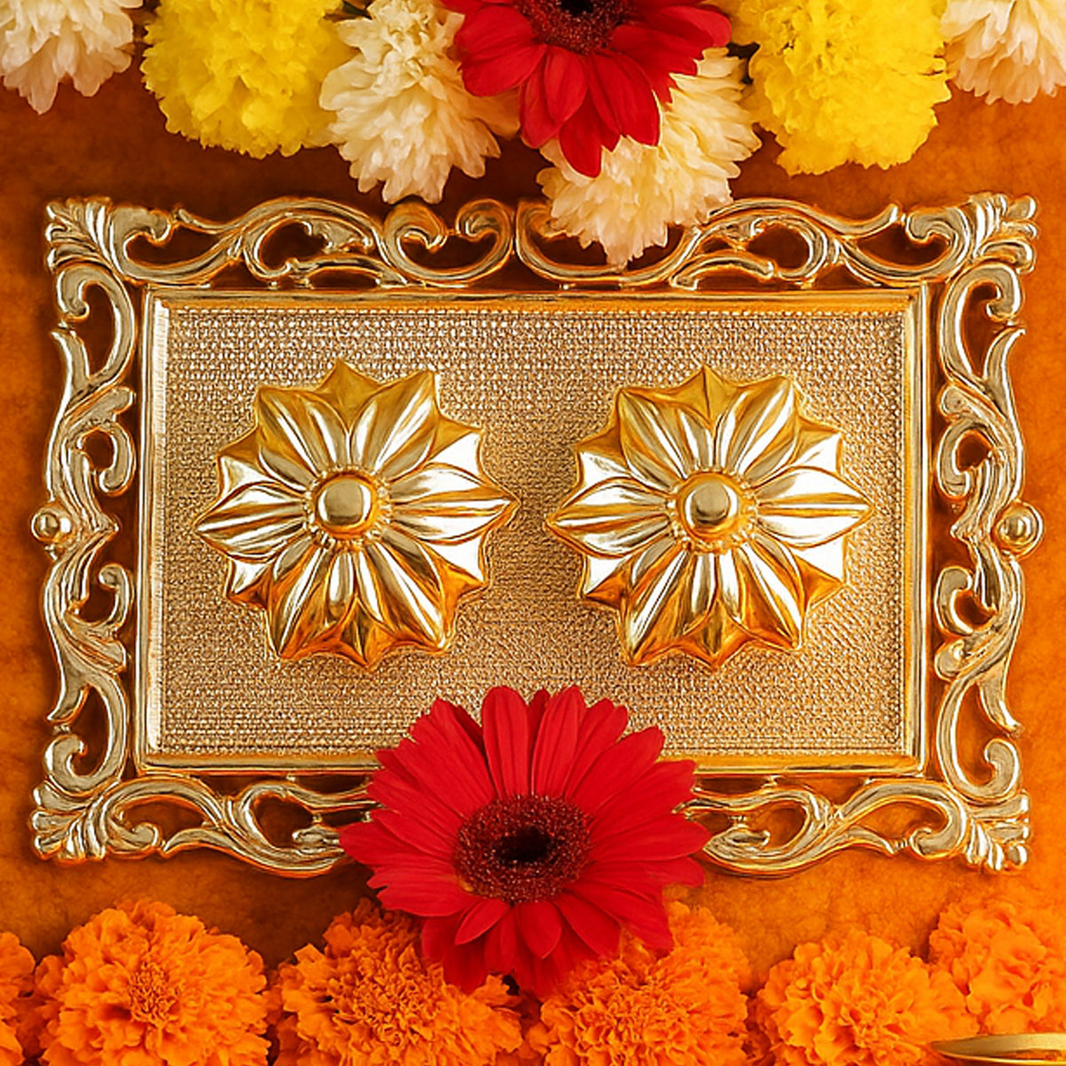 Ornate Rectangular Pooja Thali Tray with 2 Containers (Flower-Lid Kumkum Box + Open Bowl)