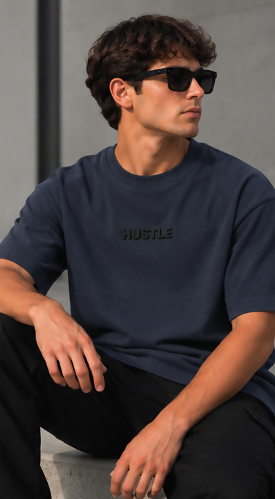 HUSTLE Men's Crew Neck Oversized Tees - Dark Navy Blue