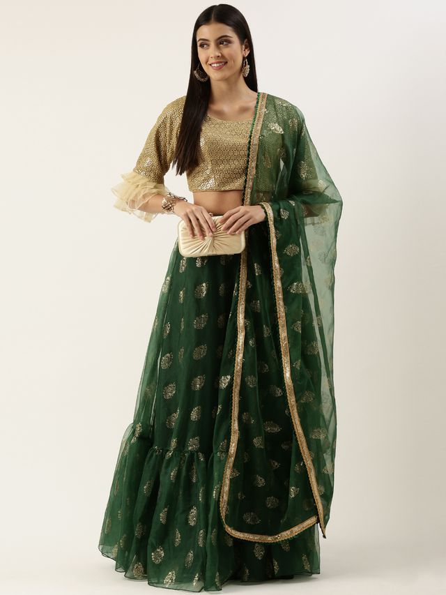Bollywood Vogue Ready To Wear Green N Gold Organza Embroidered Lehenga