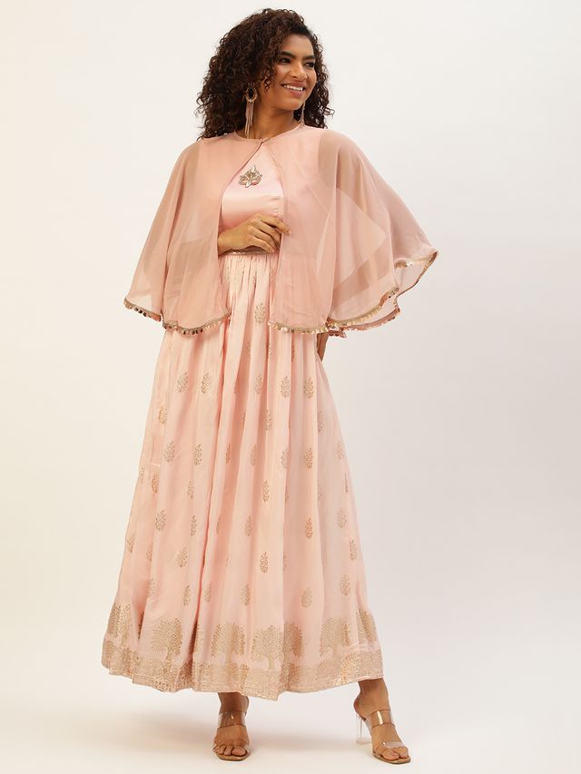 Bollywood Vogue Ready To Wear Pink Jacquard Viscose Cape Gown