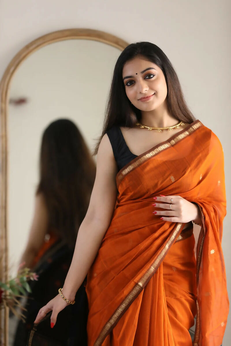 AXONIT Premium Golden Cotton Saree with Lightweight Fabric, Elegant Zari Border, and Traditional Finish