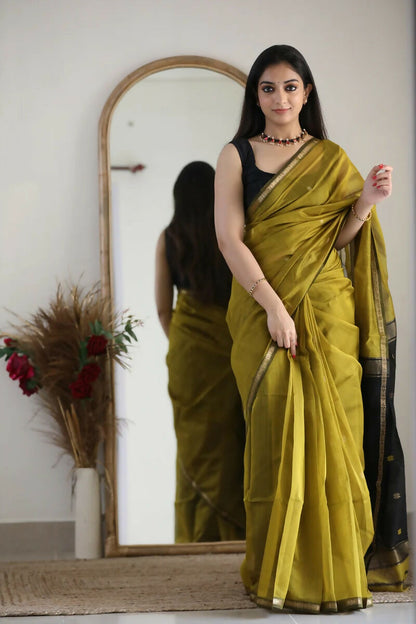AXONIT Premium Golden Cotton Saree with Lightweight Fabric, Elegant Zari Border, and Traditional Finish