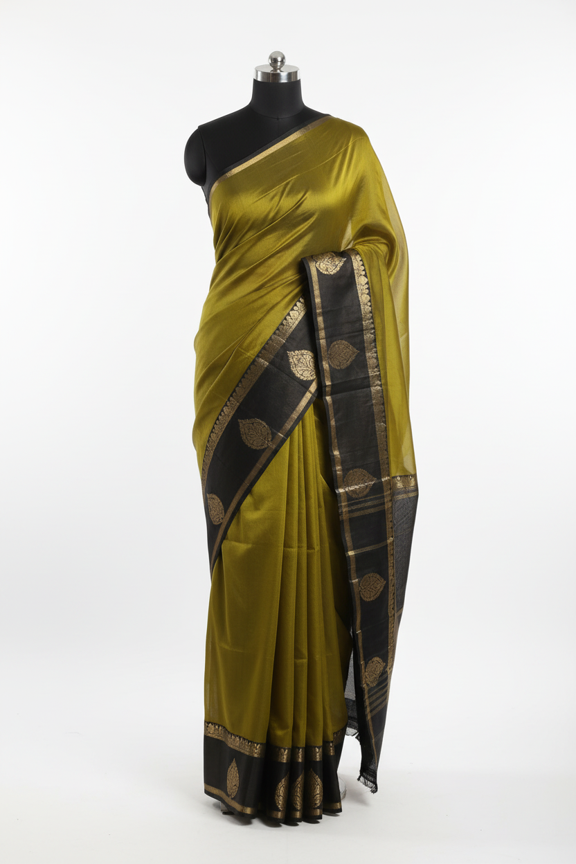 AXONIT Premium Golden Cotton Saree with Lightweight Fabric, Elegant Zari Border, and Traditional Finish Axonit