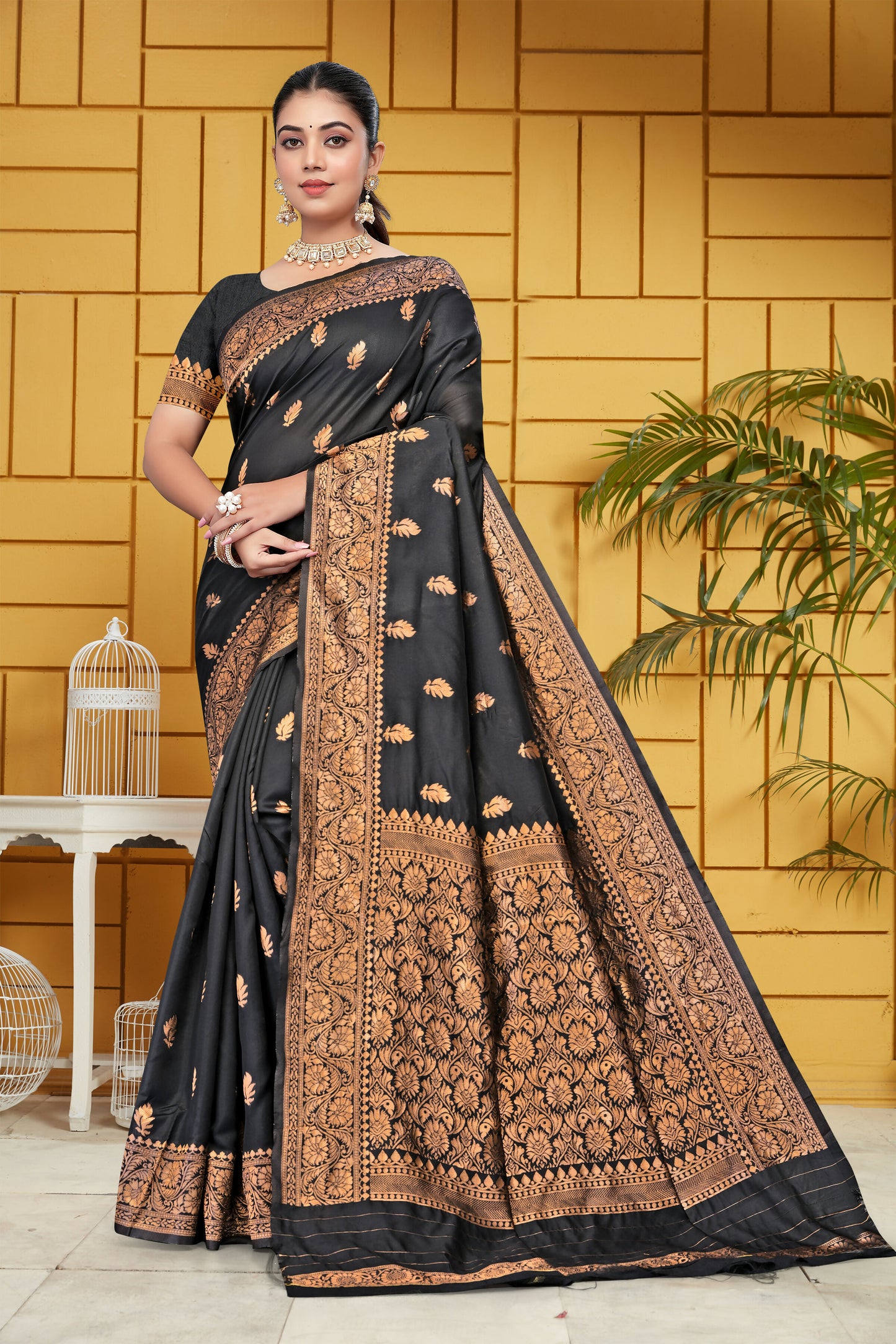AXONIT Midnight Majesty Jacquard Saree in Black with Antique Gold Zari Work