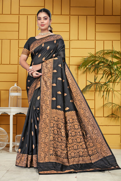 AXONIT Midnight Majesty Jacquard Saree in Black with Antique Gold Zari Work