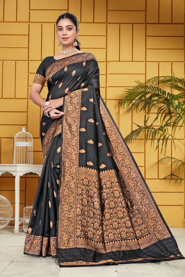AXONIT Midnight Majesty Jacquard Saree in Black with Antique Gold Zari Work