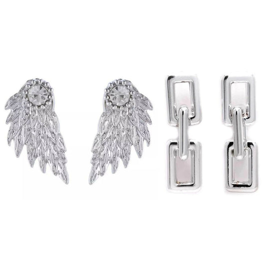 Heavenly Elegance: Angel Wing and Chain Link Earrings Set Set of 2