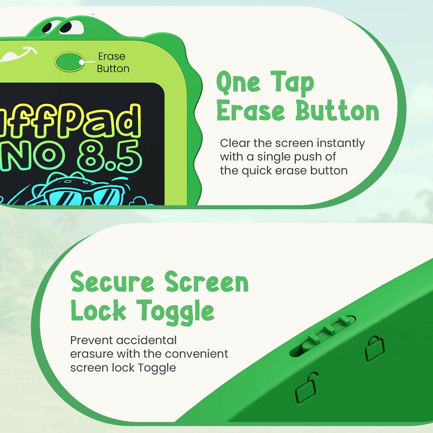 Portronics RUFFPAD DINO 8.5 Multicolor LCD Writing Tablet with One-Tap Erase, Dinosaur Design, Eye-Safe Screen – Green