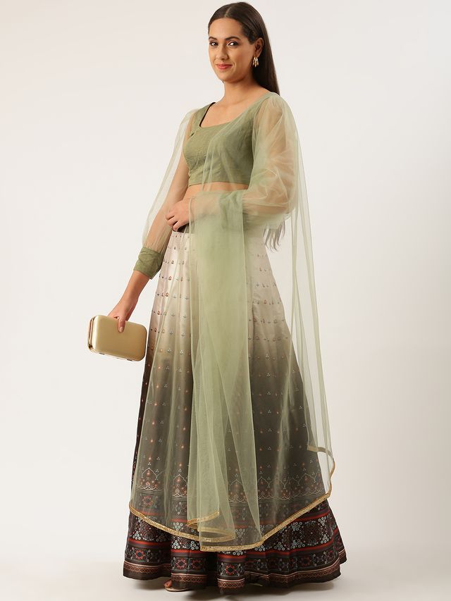 Bollywood Vogue Ready To Wear Green Taffeta Digital Print  Kali Lehenga