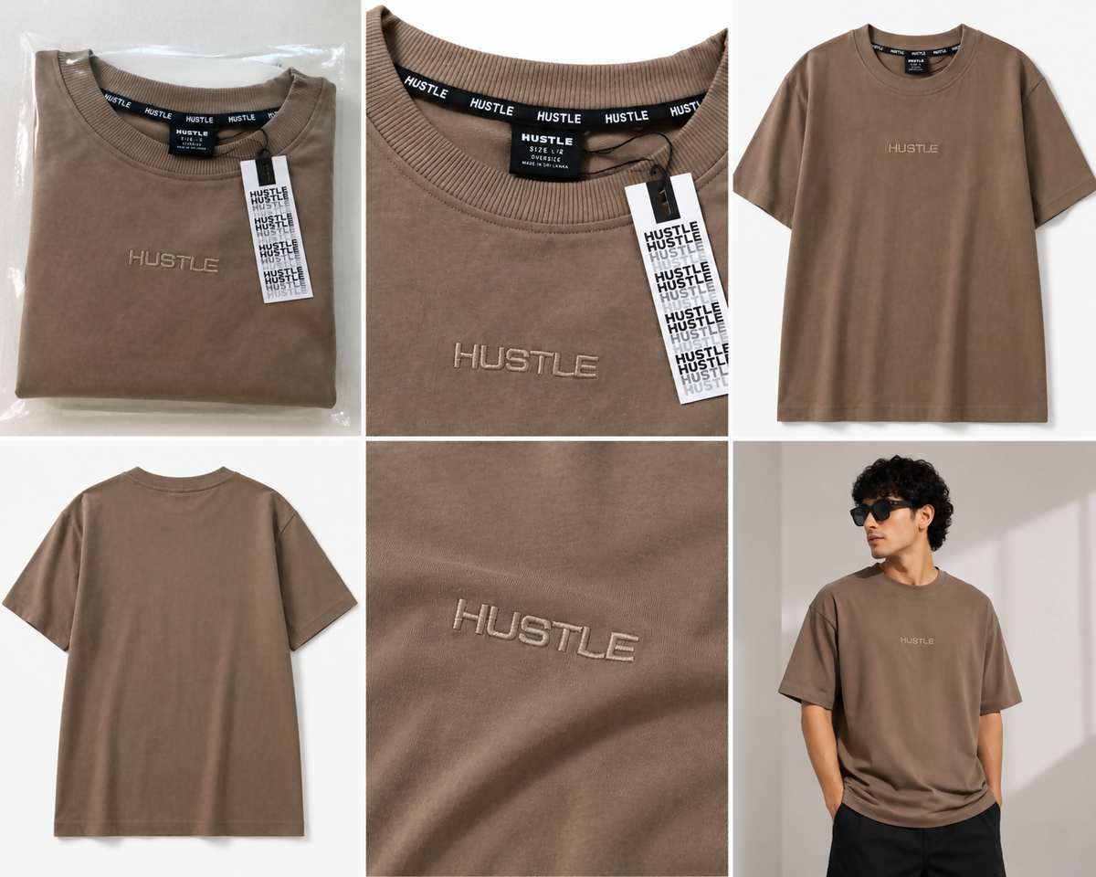 Hustle Oversized T-Shirt for Men – Brown/Taupe Half Sleeve | Embroidered Logo