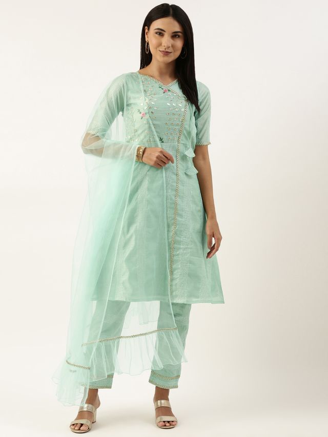 Bollywood Vogue Ready To Wear Pista Green Chanderi Straight Kurta Set