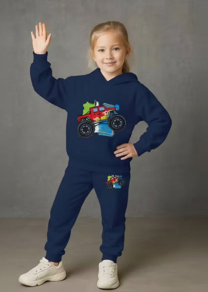 Kids Hooded Sweatshirt & Jogger Set – Monster Truck Graphic Printed Winter Wear (Blue) Luck Fashion