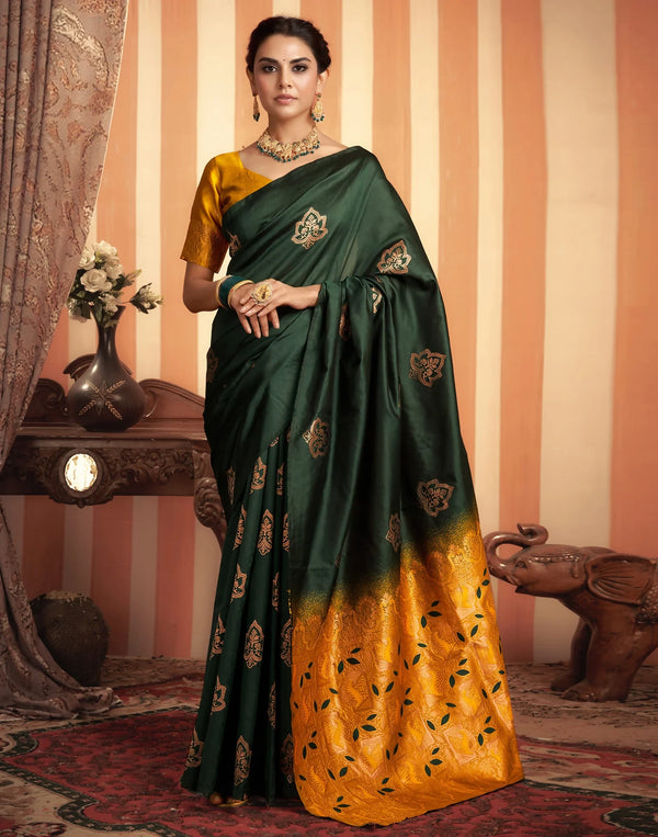 AXONIT Royal Emerald Premium Soft Silk Saree with Intricate Golden Zari Weaving and Rich Mustard-Gold Pallu