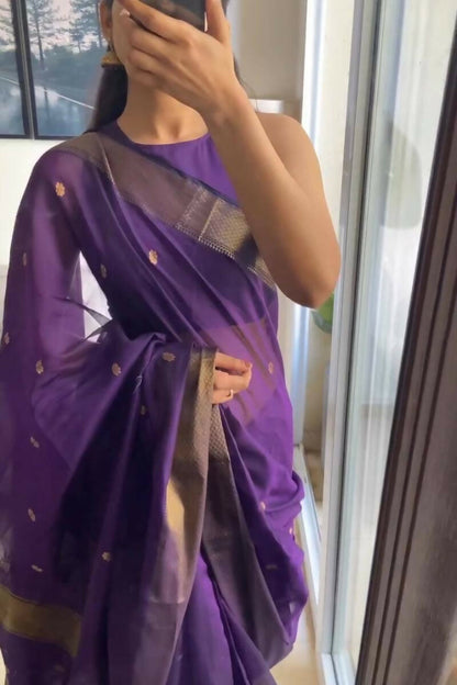 AXONIT Traditional Violet Cotton Saree Crafted with Delicate Golden Zari Butti and Royal Border