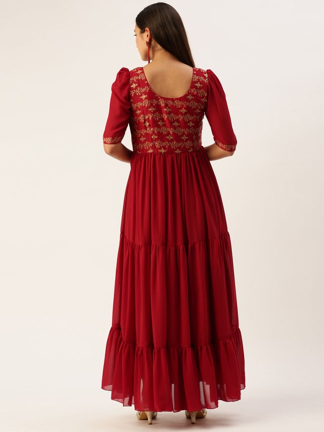 Bollywood Vogue Ready To Wear Maroon Art Silk N Geogette Flare Dress