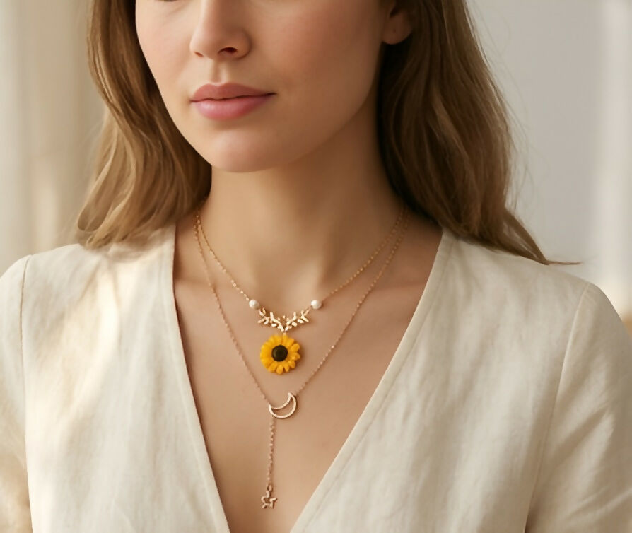 Sunflower Pearl & Crescent Moon Necklace Set