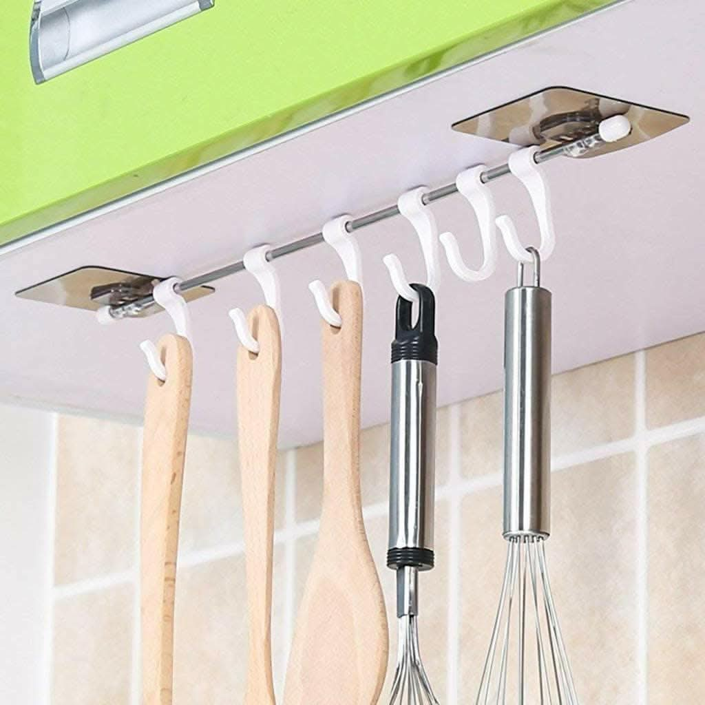 Self Adhesive Stainless Steel Rod with 6 Hooks Hanging Rack Holder - HalfPe