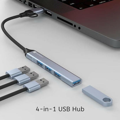 Portronics Mport 31 Pro USB 3.0 Hub (4-in-1) with Type-C & USB Dual Plugs, USB 3.0 SuperSpeed, 3-Port USB 2.0 High-Speed, Up to 5 Gbps Speed, Aluminium Alloy Metal Body, for Laptop, PC, Mac - HalfPe