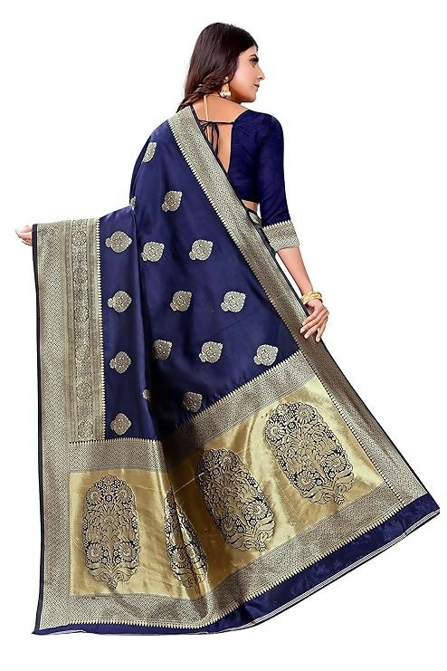 AXONIT Jacquard Silk Saree with Heavy Golden Zari Butta & Antique Gold Border