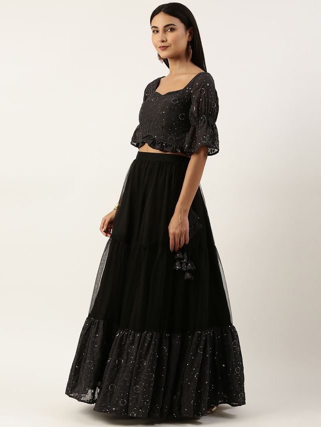 Bollywood Vogue Ready To Wear Dark Grey Georgette Sequins Embroidered N Black Net Lehenga