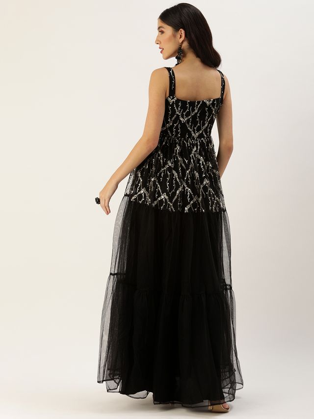 Bollywood Vogue Ready To Wear Black Tiered Gathers Embroidered Gown