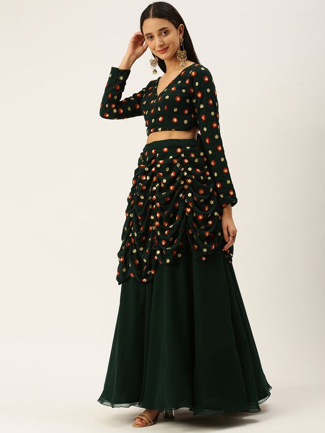 Bollywood Vogue Ready To Wear Green Embroidered Georgette Lehenga Set