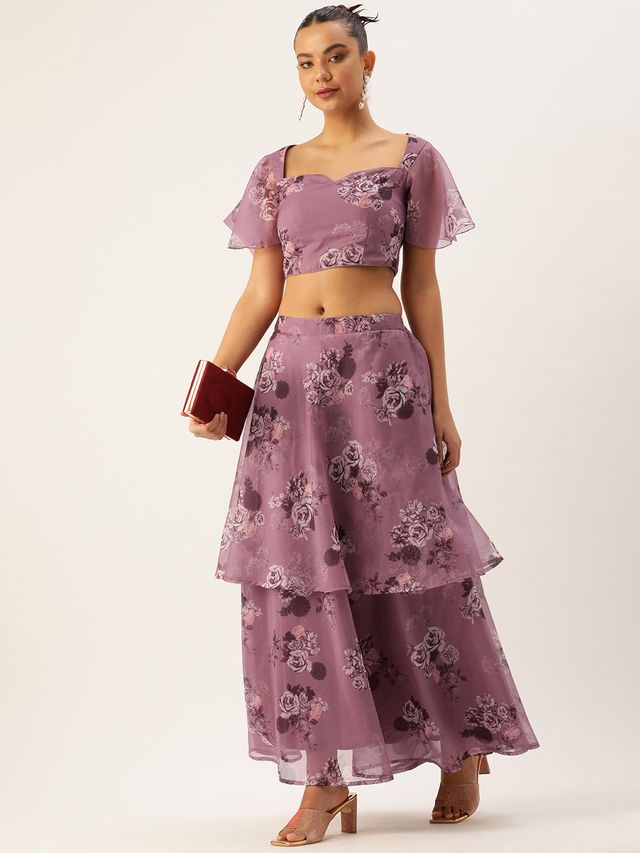 Bollywood Vogue Ready To Wear Mauve Organza Digital Printed Co ords Set