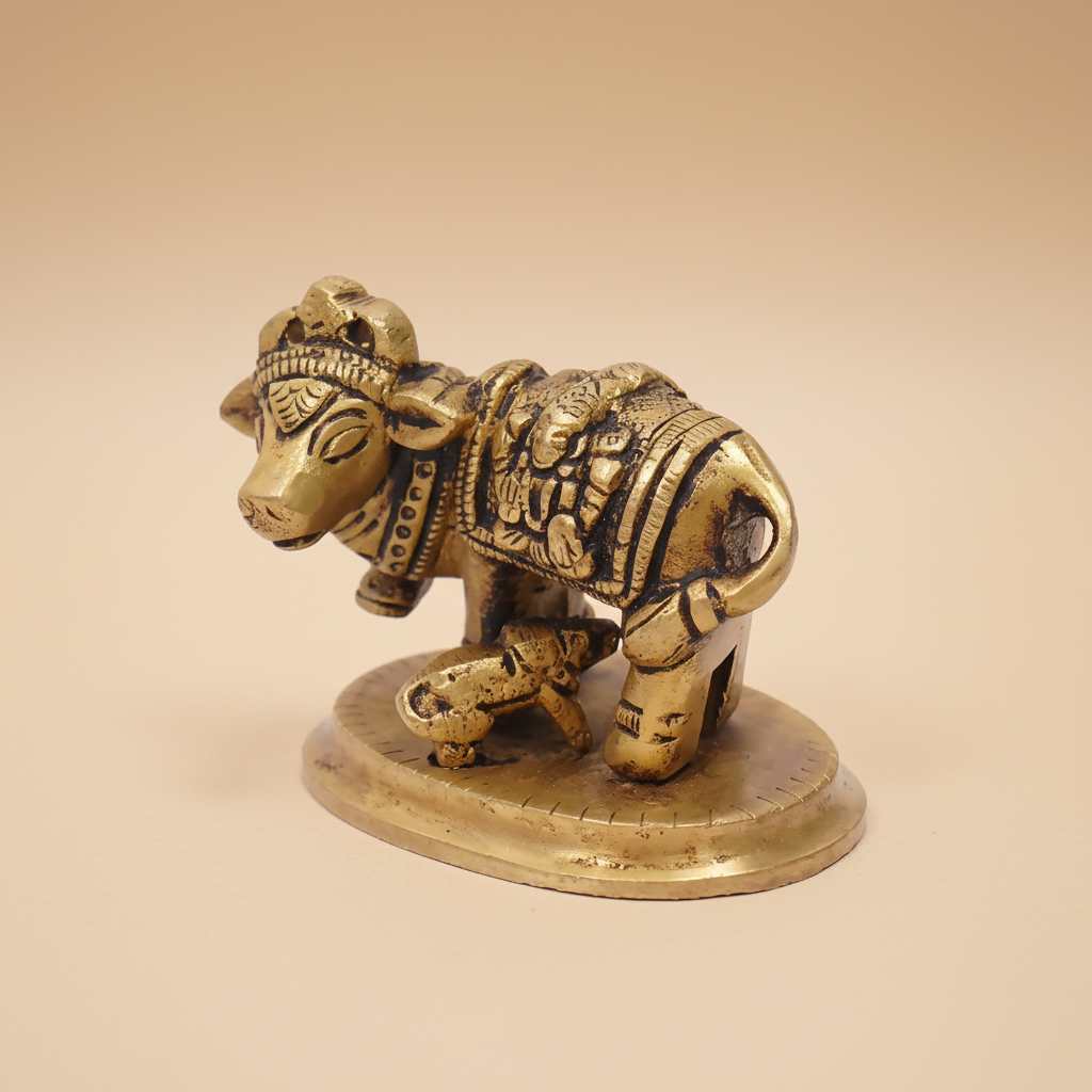 Classic Divine - Brass Kamdhenu Cow with Calf Idol - 4cm SUPER