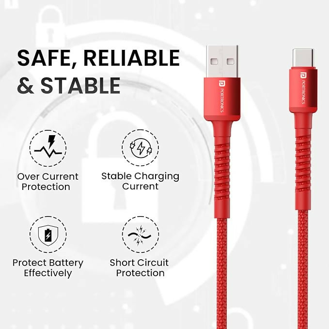 Portronics Konnect X 60W 6A USB-A to Type-C Fast Charging Cable | 1M Nylon Braided Cable for OnePlus, Oppo, iPhone 15 & Type-C Devices(RED)