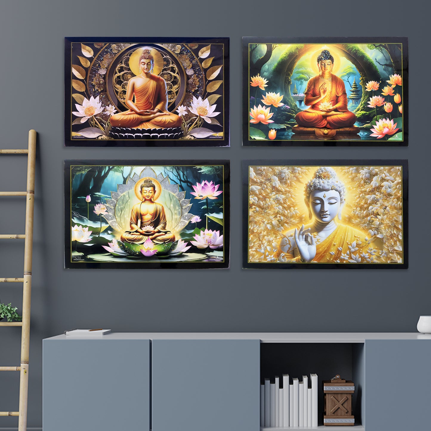 Decorative Lord Buddha Wall Painting With Wooden Frame Mix Design 45x30 Cm Approx (1 Pc)