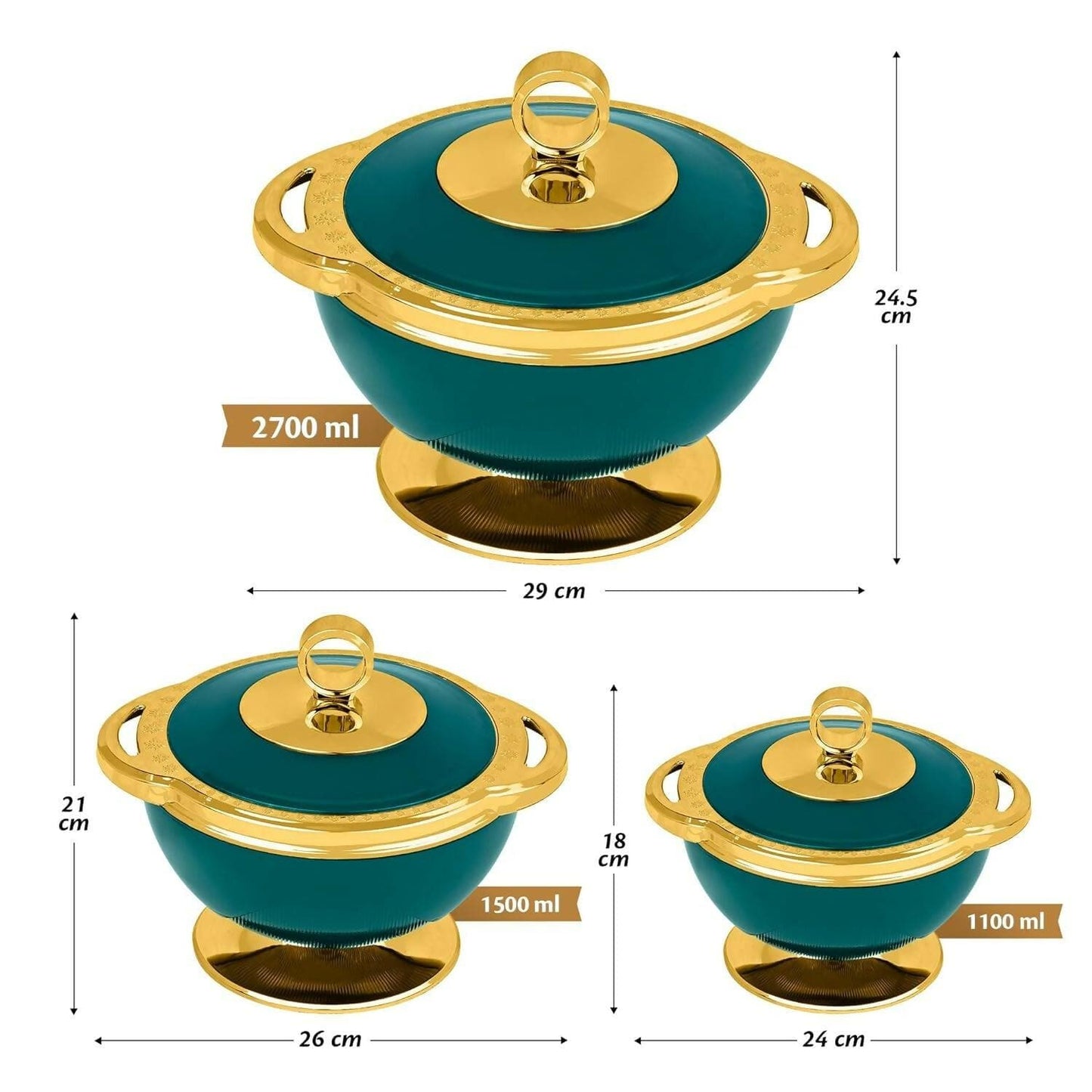 SELVEL Stylish Inner Steel Plastic Casserole Set - 3 Pieces (1700 ML,1100 ML and 600 ML ,Emerald Green) - HalfPe