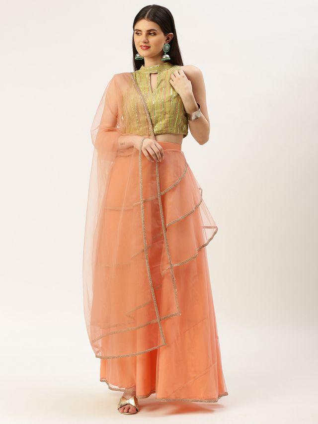 Bollywood Vogue Ready To Wear Green Georgette Sequins N Peach Net Lehenga