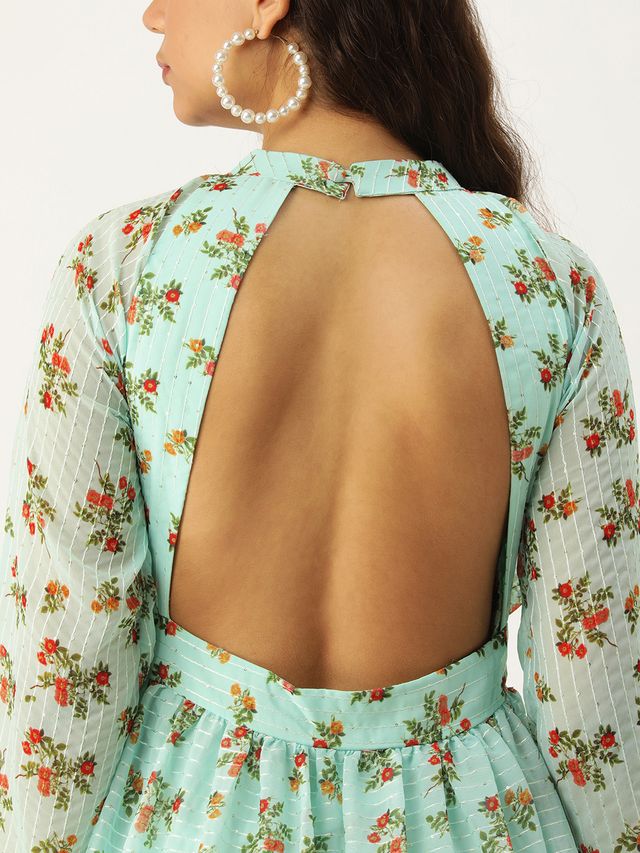 Bollywood Vogue Ready To Wear Mint Green Georgette Digital Printed Dress