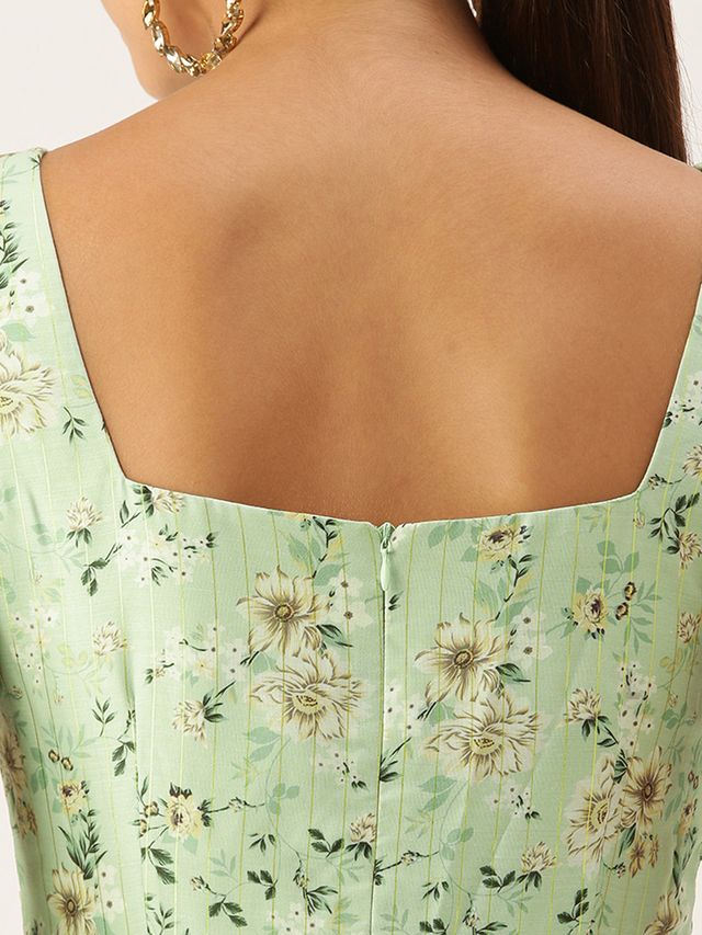 Bollywood Vogue Ready To Wear Green Muslin Ruched Maxi Dress