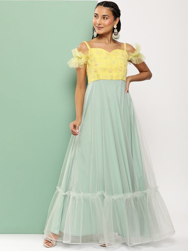 Bollywood Vogue Ready To Wear Yellow Embroidered N Mint Green Corset Style Gown