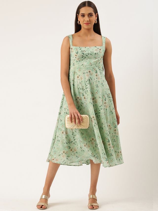 Bollywood Vogue Ready To Wear Digital Printed Green Muslin Maxi Dress