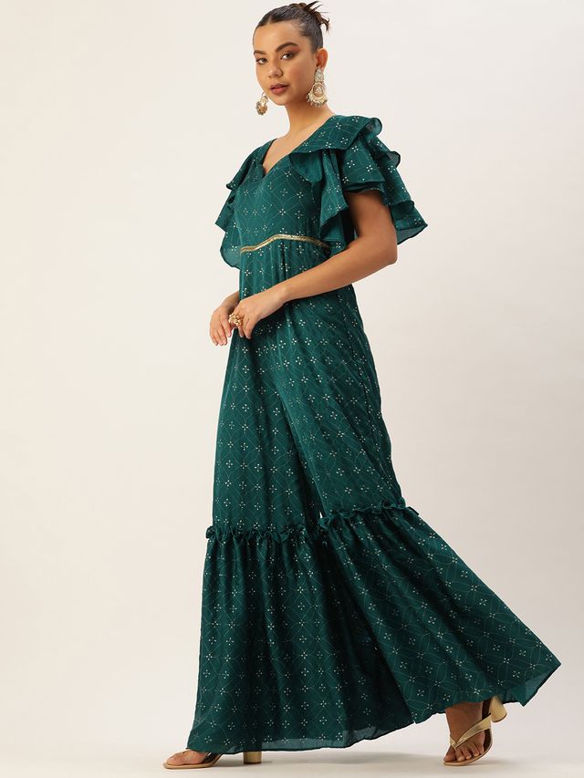 Bollywood Vogue Ready To Wear Teal Green Art Silk Foil Print Jumpsuit