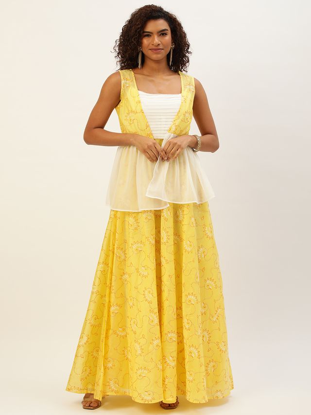 Bollywood Vogue Ready To Wear Off White N Yellow Foil Printed Gown