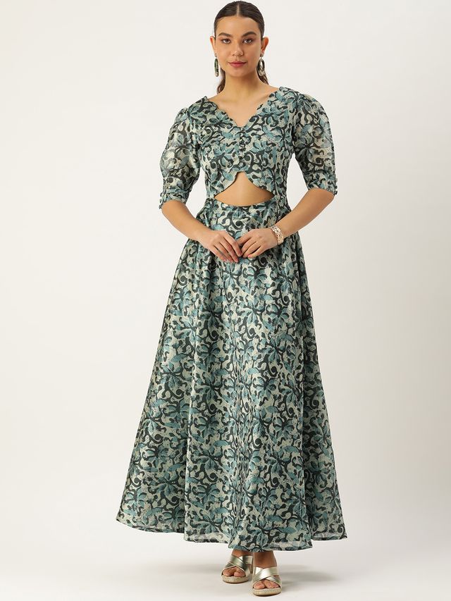 Bollywood Vogue Ready To Wear Blue Art Silk Digital Printed Dress