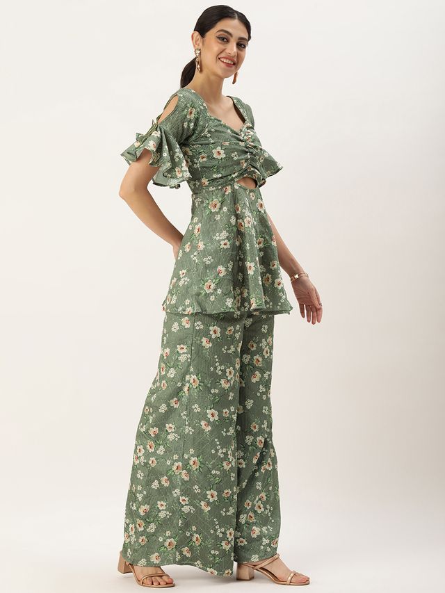 Bollywood Vogue Ready To Wear Mehndi Green Georgette Printed Palazzo Suit