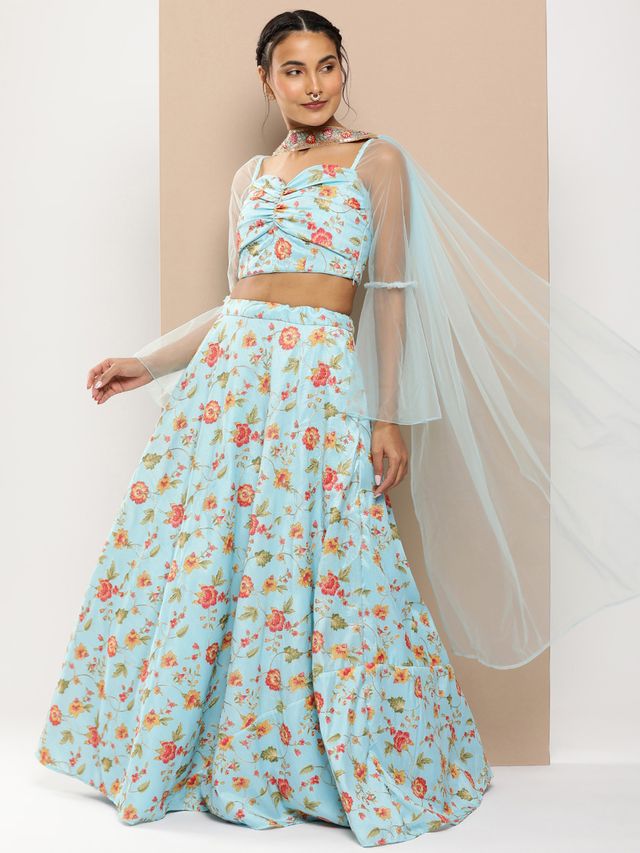 Bollywood Vogue Ready To Wear Blue Embroidered Art Silk Bell Sleeves Lehenga