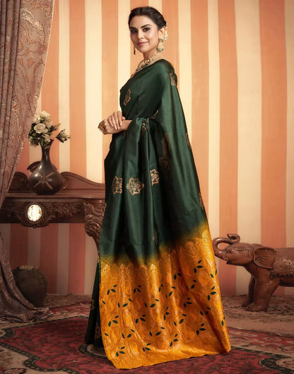 AXONIT Royal Emerald Premium Soft Silk Saree with Intricate Golden Zari Weaving and Rich Mustard-Gold Pallu