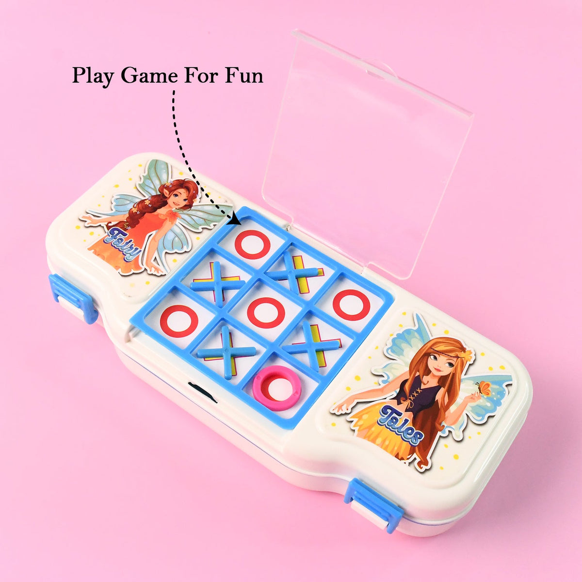 Kids Pencil Box with Built-in Tic Tac Toe Game for Multipurpose Stationery Storage Case with Puzzle Play Lid, Lock Clips &Cartoon Fairy Print (1 Pc) HP DD