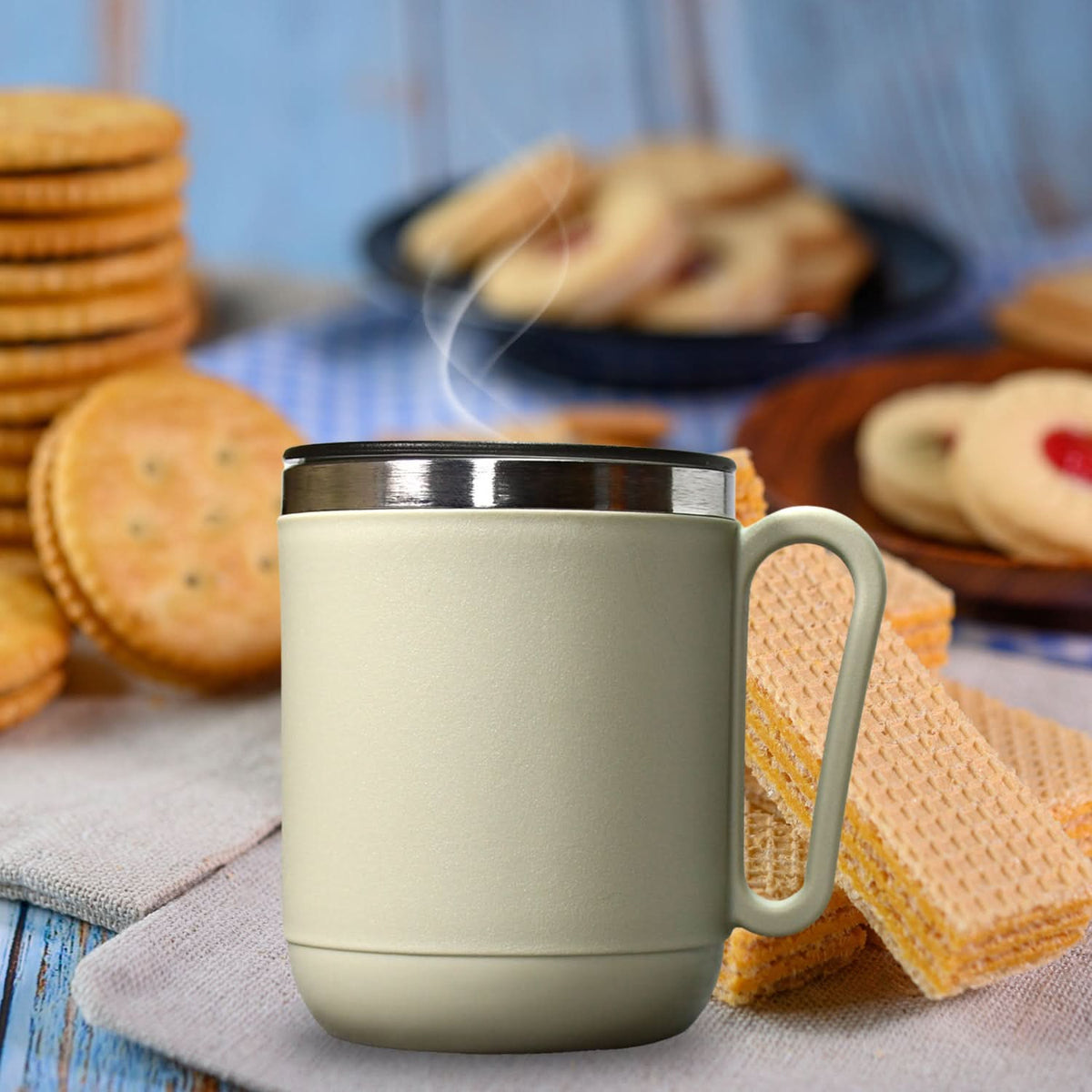 Ganesh Premium Stainless Steel Coffee Mug With Heat Resistant Mug Lid. Approx 400ml Mug. HP DD