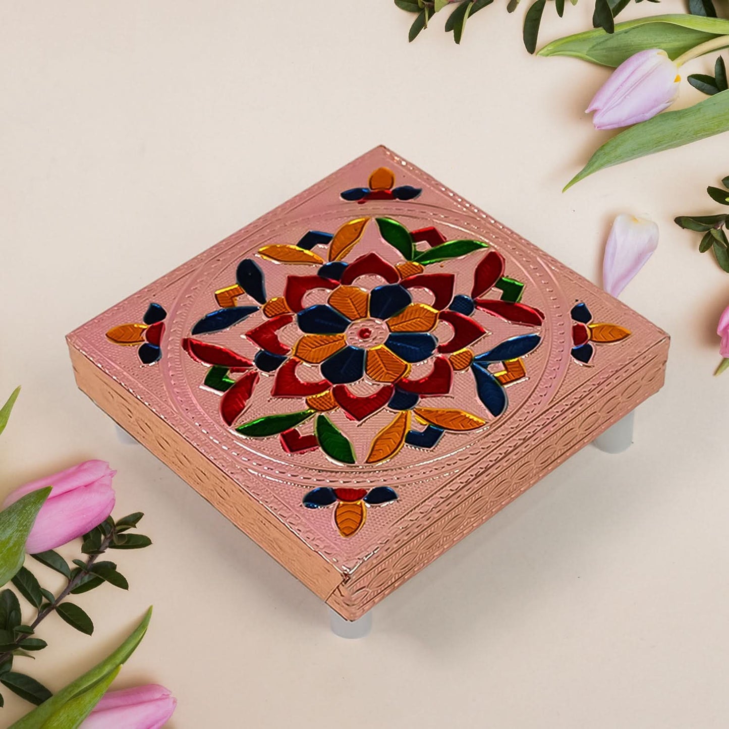 Multicolour Wooden Puja Bajot – Meenakari Chowki for Decor