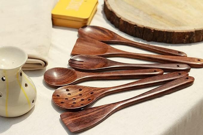 Wood Chop Sheesham Wood Serving Spoons Spatula for Non Stick Cookware (Set of 6) - HalfPe