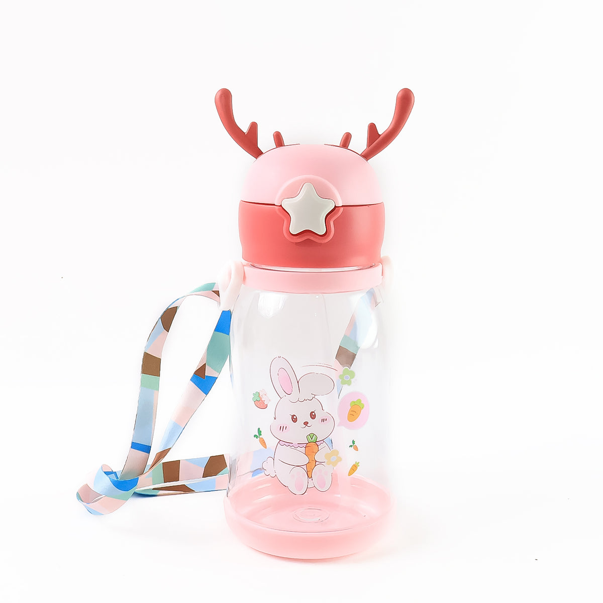 Cute Cartoon Water Bottle Approx for Kids with Straw and Strap with Leakproof BPA-Free Sipper Bottle with Star Cap and Antler Design450ml (1 Pc)
