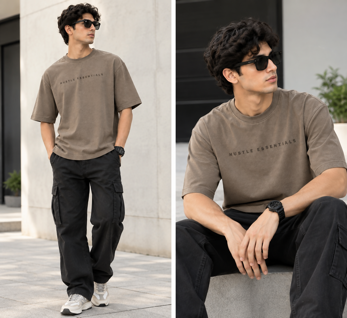 Men’s Relaxed Fit Hustle Essentials Printed Crew Neck T-Shirt – Brown